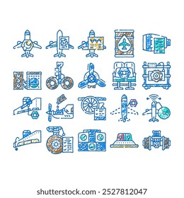 avião mecânico de aviação doodle ícones definir vetor. esboço linha arte manutenção plano, motor a jato, aeroporto avião, indústria técnica, reparação avião mecânica aviação cor ilustrações