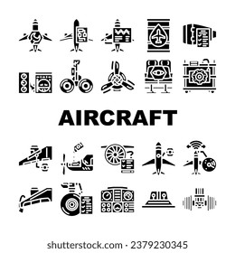 aircraft mechanic aviation icons set vector. maintenance plane, jet engine, airplane airport, technician industry, repair aircraft mechanic aviation glyph pictogram Illustrations