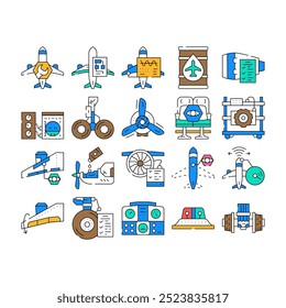 avião mecânico de aviação ícones de aviação definir vetor. plano de manutenção, motor a jato, aeroporto de avião, indústria técnica, reparação avião mecânico de aviação cor de contorno Ilustrações