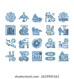aircraft mechanic doodle icons set vector. aviation maintenance, airplane plane, jet engine, industry airport, repair, hangar aircraft mechanic sketch hand drawn