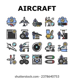 iconos mecánicos de aeronaves conjunto vector. mantenimiento de la aviación, avión, motor de reacción, aeropuerto industrial, reparación, hangar ilustraciones mecánicas de la línea de color de la aeronave