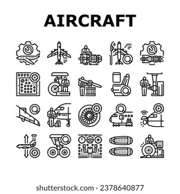 Flugzeugmechaniken-Symbole setzen Vektorgrafik. Luftfahrt-Instandhaltung, Flugzeug, Triebwerk, Industrieflughafen, Reparatur, hängende Luftfahrzeuge Mechanische schwarze Konturen