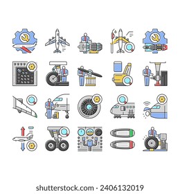 aircraft mechanic icons set vector. aviation maintenance, airplane plane, jet engine, industry airport, repair, hangar aircraft mechanic color line illustrations