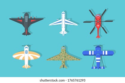 Aviones y aviones militares, recogida de helicópteros. Viajes aéreos. Conjunto de planos coloridos e iconos de helicópteros. Avión volador en el cielo en un estilo plano, vista superior. Ilustración vectorial, eps 10.