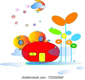 Aircraft mobile home. Idea of future home that can fly or park in the air.Colorful house above the ground.  