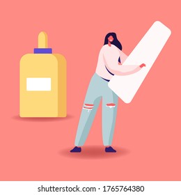 Aircraft Modeling Concept. Tiny Female Character Hold Detail from Airplane Model at Huge Bottle with Glue. Handmade, Creative Hobby Occupation, Woman Make Miniature Plane. Cartoon Vector Illustration