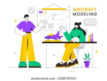 Aircraft Modeling and Crafting Vector Illustration with Assembling or Painting a Huge Airplane Model as a Replica of an Existing in the Background