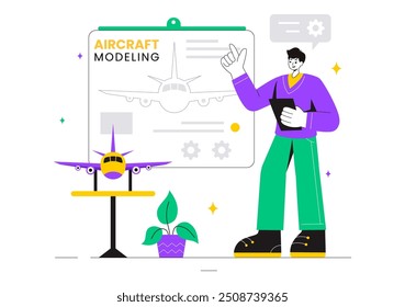 Ilustración vectorial de modelado y fabricación de aviones con el montaje o la pintura de un enorme modelo de avión como una réplica de un existente en el fondo