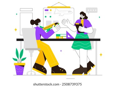 Aircraft Modeling and Crafting Vector Illustration with Assembling or Painting a Huge Airplane Model as a Replica of an Existing in the Background