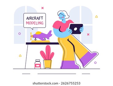 Aircraft Modeling and Crafting Vector Illustration Featuring the Assembly or Painting of a Large Airplane Model as a Replica of a Real Aircraft