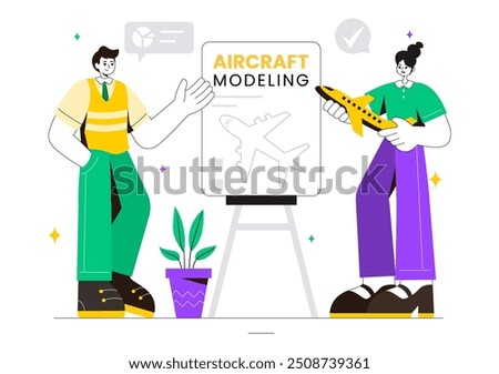 Aircraft Modeling and Crafting Vector Illustration with Assembling or Painting a Huge Airplane Model as a Replica of an Existing in the Background