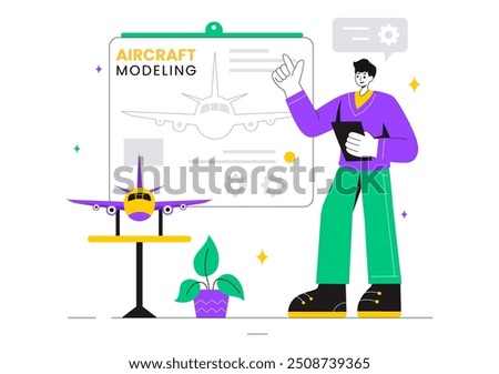 Aircraft Modeling and Crafting Vector Illustration with Assembling or Painting a Huge Airplane Model as a Replica of an Existing in the Background