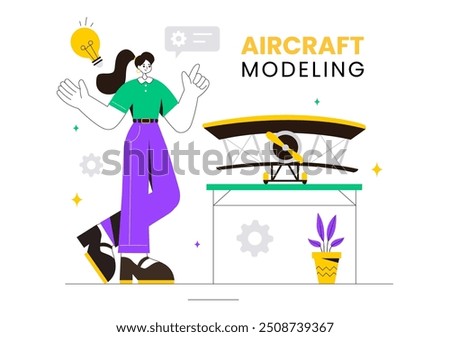 Aircraft Modeling and Crafting Vector Illustration with Assembling or Painting a Huge Airplane Model as a Replica of an Existing in the Background