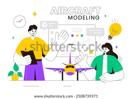 Aircraft Modeling and Crafting Vector Illustration with Assembling or Painting a Huge Airplane Model as a Replica of an Existing in the Background