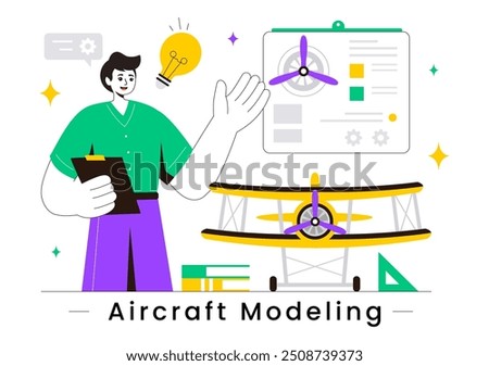 Aircraft Modeling and Crafting Vector Illustration with Assembling or Painting a Huge Airplane Model as a Replica of an Existing in the Background