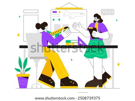 Aircraft Modeling and Crafting Vector Illustration with Assembling or Painting a Huge Airplane Model as a Replica of an Existing in the Background