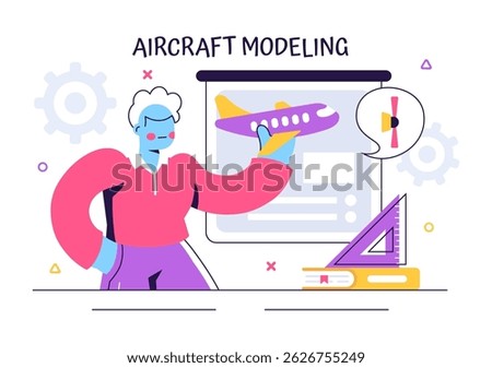 Aircraft Modeling and Crafting Vector Illustration Featuring the Assembly or Painting of a Large Airplane Model as a Replica of a Real Aircraft