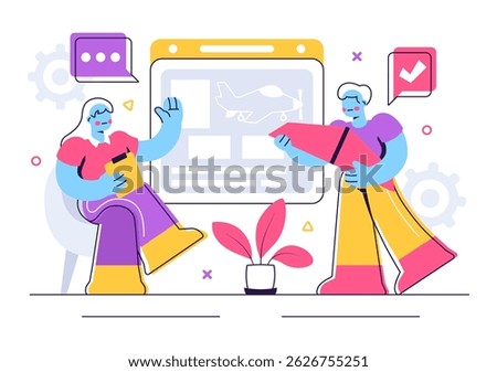 Aircraft Modeling and Crafting Vector Illustration Featuring the Assembly or Painting of a Large Airplane Model as a Replica of a Real Aircraft