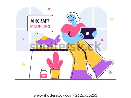 Aircraft Modeling and Crafting Vector Illustration Featuring the Assembly or Painting of a Large Airplane Model as a Replica of a Real Aircraft