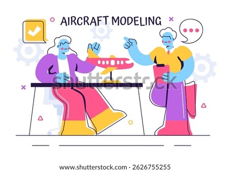 Aircraft Modeling and Crafting Vector Illustration Featuring the Assembly or Painting of a Large Airplane Model as a Replica of a Real Aircraft