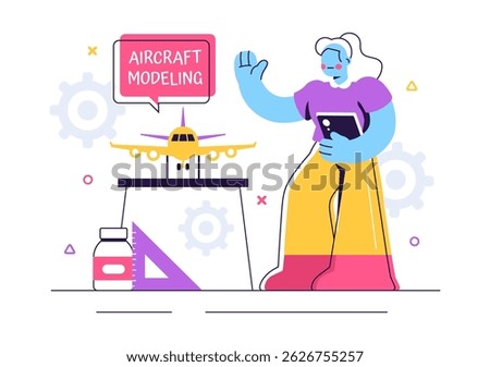 Aircraft Modeling and Crafting Vector Illustration Featuring the Assembly or Painting of a Large Airplane Model as a Replica of a Real Aircraft