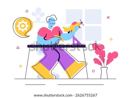 Aircraft Modeling and Crafting Vector Illustration Featuring the Assembly or Painting of a Large Airplane Model as a Replica of a Real Aircraft