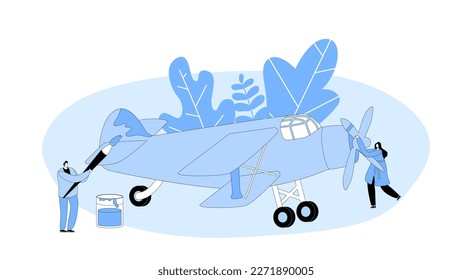 Aircraft Modeling Creative Hobby Concept. Tiny Male And Female Characters Assembling Huge Airplane Model