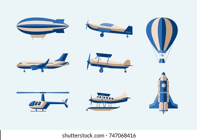 Aircraft - modern vector isolated set of objects on light background. Different means of transport: plane, helicopter, hot air balloon, airship, rocket, amphibian. Five flying machines