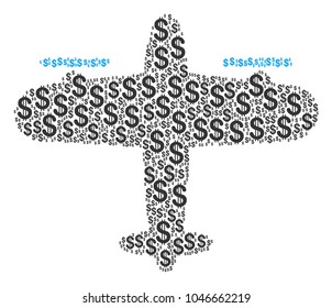 Aircraft mosaic of dollar symbols. Vector dollar currency icons are combined into aircraft illustration.