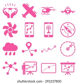 Aircraft navigation icon set designed with pink color. These flat pictograms are isolated on a white background.