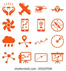 Aircraft navigation icon set designed with orange color. These flat pictograms are isolated on a white background.