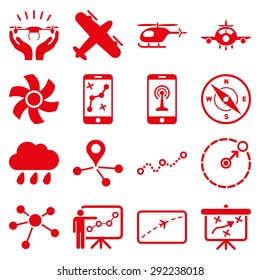 Aircraft navigation icon set designed with red color. These flat pictograms are isolated on a white background.