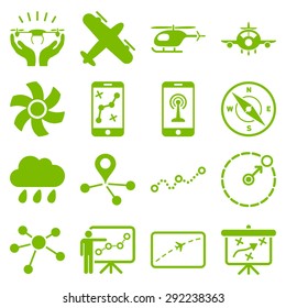 Aircraft navigation icon set designed with eco green color. These flat pictograms are isolated on a white background.
