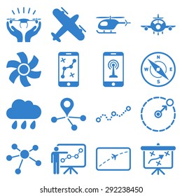 Aircraft navigation icon set designed with cobalt color. These flat pictograms are isolated on a white background.