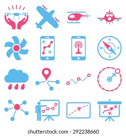 Aircraft navigation icon set designed with pink and blue colors. These flat bicolor pictograms are isolated on a white background.
