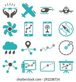 Aircraft navigation icon set designed with grey and cyan colors. These flat bicolor pictograms are isolated on a white background.