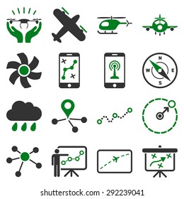 Aircraft navigation icon set designed with green and gray colors. These flat bicolor pictograms are isolated on a white background.