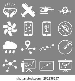 Aircraft navigation icon set designed with white color. These flat pictograms are isolated on a gray background.