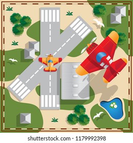 Aircraft on the background of the airfield. View from above. Vector illustration.