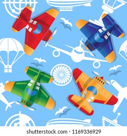 Aircraft on the background of aviation. Seamless pattern. Vector illustration.
