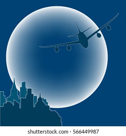 aircraft on the background of the moon. night flight.