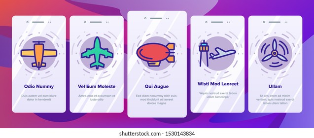 Aircraft Onboarding Mobile App Page Screen Vector Icons Set Thin Line. Aircraft Commercial Air Transportation And Shipping Concept Linear Pictograms. Airplane And Helicopter Contour Illustrations