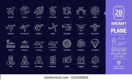 Aircraft outline icon set in dark mode with flight plane editable stroke symbol: airplane, business jet, airport, fly aeroplane, commercial aviation, travel air, military fighter, luggage, waiting.