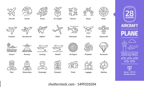 Aircraft outline icon set with flight plane editable stroke symbol: airline, travel, air freight, charter, route, radar, airplane, business jet, military fighter, glider, helicopter, drone, spacecraft