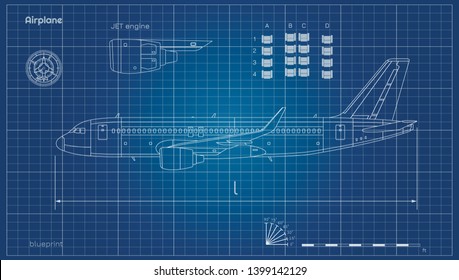 Aircraft in outline style. Blueprint of civil plane. Side view of airplane. Industrial drawing. Jet engine on blue background. Vector illustration
