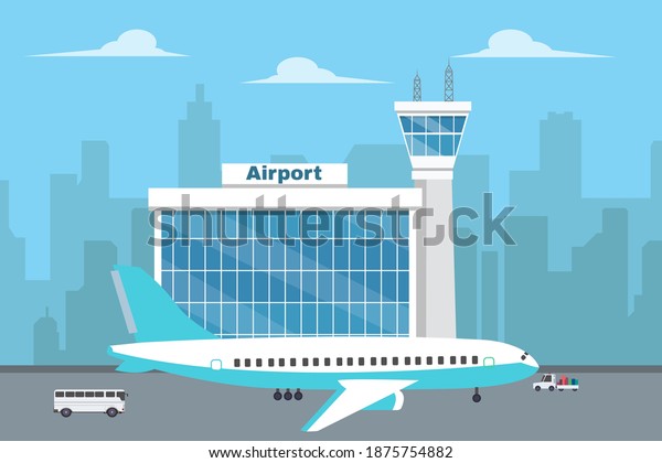 Aircraft is parking at the airport\
runway with airport building background and controller\
tower