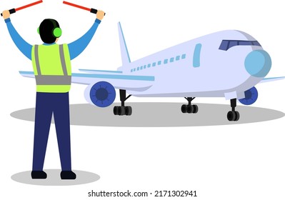 aircraft parking crew, flight coordinator guiding airplane, ground crew airport vector graphic illustration,  airport background for web