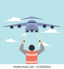 Aircraft Parking Crew, Flight Coordinator Guiding Airplane, Ground Crew Airport Vector Graphic Illustration, Airport Background. Taxiing Aircraft Parking At The Airport Before Landing. Man Indicates.