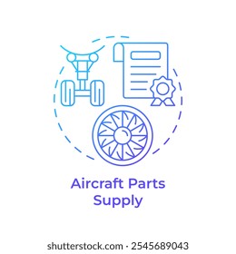 Las piezas de la aeronave suministran el icono azul del concepto del gradiente. Cumplimiento normativo, certificación. Ilustración de línea de forma redonda. Abstractas idea. Diseño gráfico. Fácil de usar en infografía, presentación