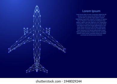 Aircraft passenger jet, top view, from futuristic polygonal blue lines and glowing stars for banner, poster, greeting card. Vector illustration.